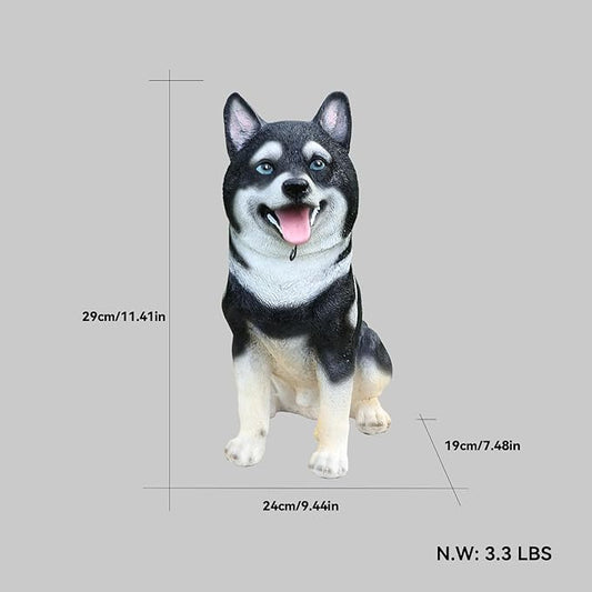 Husky Welcome Light with Solar Lantern & Double-Sided Sign, Sitting Black & White Husky Sculpture for Entry Shelf, Patio & Garden Edge