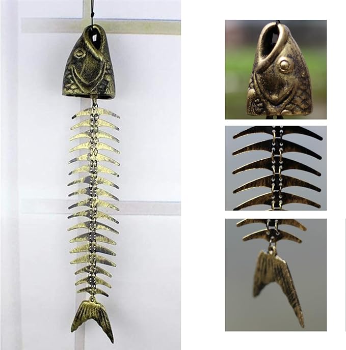Fish Windchime Retro Fishbone Wind Chime Ornaments Vintage Metal Wind Bell Outdoor Soothing Melody for Garden Home Yard Porch Hanging Decor