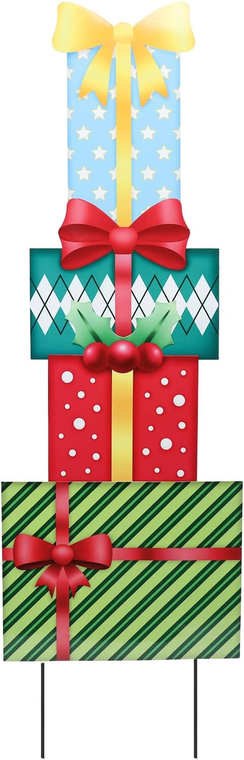 WONDER GARDEN Christmas Yard Signs, Metal Gift Boxes Yard Stakes Christmas Outdoor Decorations Freely Mix and Match for Xmas Holiday Outdoor Garden Lawn Pathway Decor