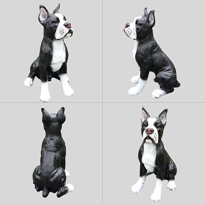 Outdoor Boston Terrier Dog Statue with Interchangeable Welcome Sign and Detachable Solar Lantern –LED Light Garden Dog Sculpture Décor, Cute Puppy Design for Yard, Porch, Gift