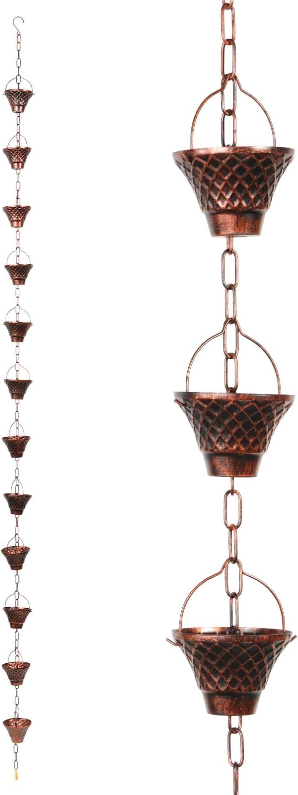 Gutter Chain, Rain Chain for Gutter, Downspout Decorative Metal Rain Catcher Diverter with Hook for Outside Windowsill Garden Patio Courtyard (Copper)
