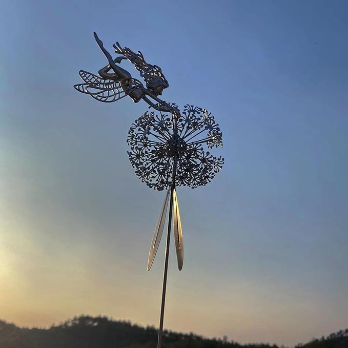 Flower Fairy Dancing with Dandelion, Fairy Garden Sculptures, Angel Metal Ornaments Gardens Art Sculpture, Stainless Steel Statue Garden Ornaments Art Decorations for Outdoor Yard Lawn Patio (F_3D)