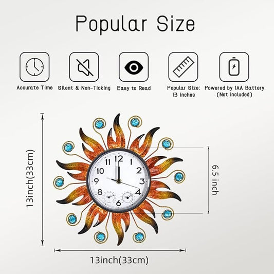 Sun Outdoor Clock with Thermometer and Hygrometer Combo, Silent No-Ticking Outdoor Wall Clock, Waterproof Quartz Clock for Patio, Living Room, Kitchen, Garden, 13 Inch