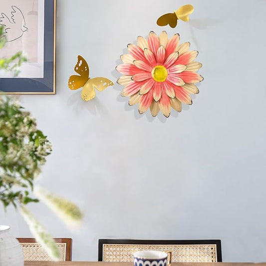 KorBabec 1 Pcs Metal Flower Wall Art Decor for Indoor Outdoor, 7.9" Metal Sunflower Wall Art for Garden Backyard Decor, Multiple Layer Hanging Flower Wall Decor for Bathroom, Living Room, Porch (Pink)