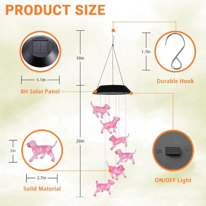 Dog Solar Wind Chimes for Outside - AIONASA Color Changing LED Solar Hanging Lights Outdoor, Waterproof Windchimes Outdoors Hanging Gifts for Mom Grandma Women, Home Garden Patio Yard Porch Decoration