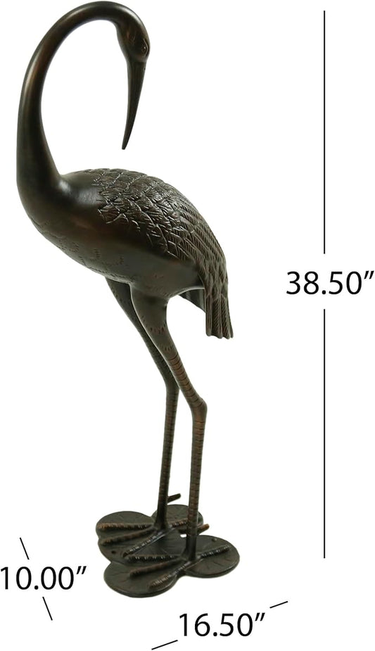 Metal Crane Garden Statue, Cast Aluminum Outdoor Crane Sculpture, Rust-Proof Metal Yard Art Bird Statue for Garden Lawn Patio, Shiny Copper Finish, Antique Bronze
