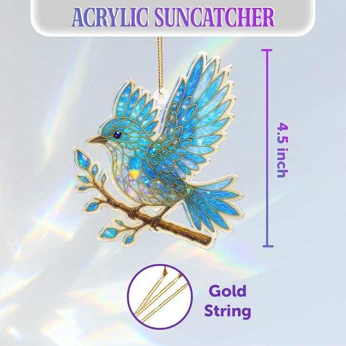 Blue Bird Stained Glass Ornament Acrylic Window Hanging Suncatcher โ Bird Lover Gifts, Wildlife Animal Decor for Christmas Tree, Rearview Mirror, Garden, Home Accessories, Unique Gifts for WomenSun-17