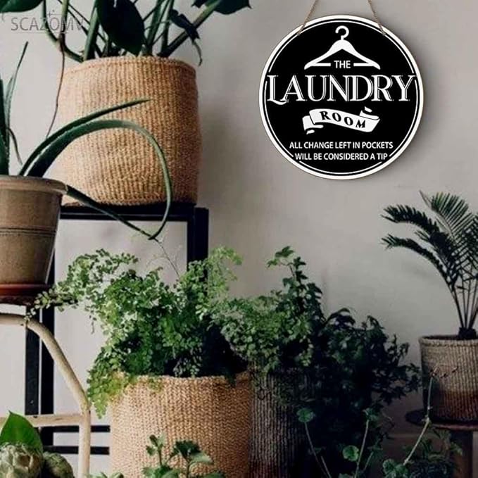 Laundry Room All Change Left In Pockets Will Be Considered A Tip Black Round Rustic Wood Sign Plaque Vintage Wall Art Cute Wooden Hanging Sign Decor for Home Farmhouse Bathroom 12 Inch