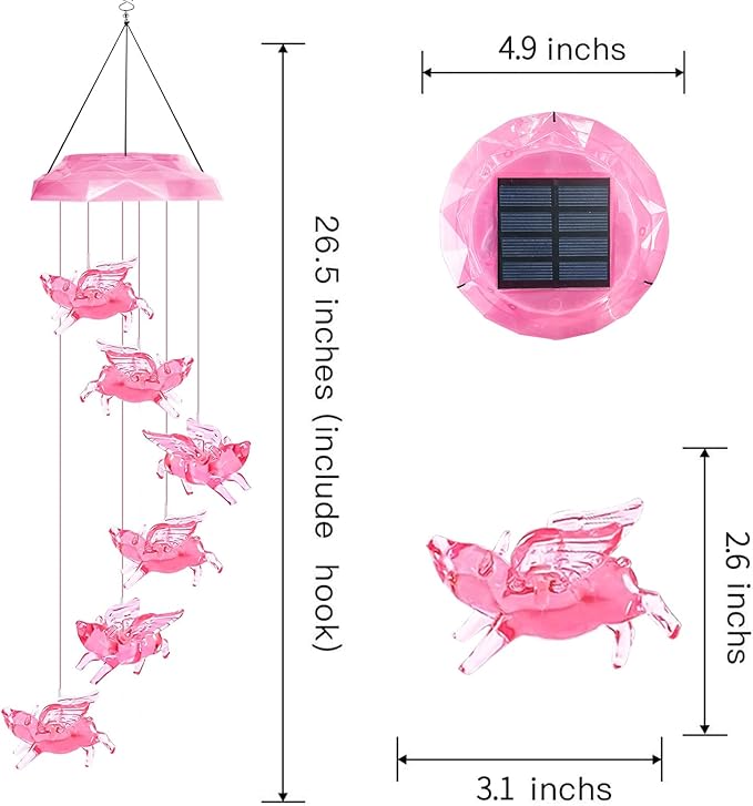 Solar Wind Chimes for Outside- Pig Wind Chimes Pink,7 Colors Changing Outdoor Waterproof Flying Pig LED Wind Bell, Patio Garden Yard Decor (Mom, Women, Gardening Gifts)