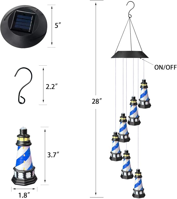 Lighthouse Wind Chimes Outdoors Solar Hanging Lighthouse Decorative Outdoor Lighthouse Solar Lighthouse Windchime(Blue)