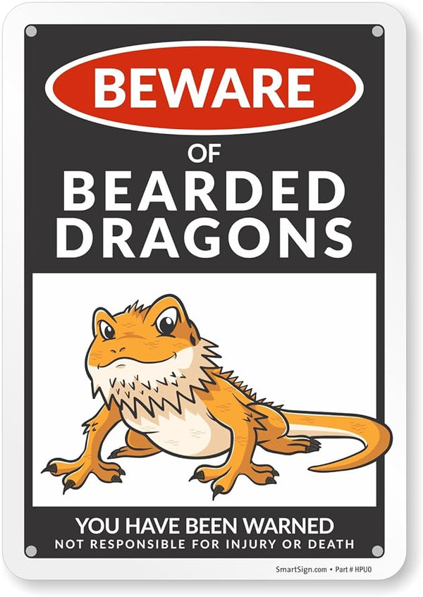 SmartSign Funny Beware Of Bearded Dragons Warning Sign - 10"x7", 40 mil Laminated Rust-free Aluminum - Metal Signs for Wall Decor, Outdoor, Patio, Gifts, Cafe - Dragon Theme, Made in USA