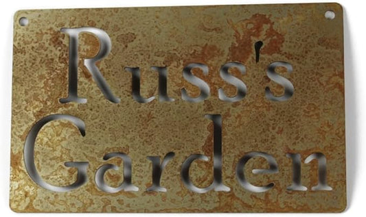 Classic Metal Garden Markers Clearance Items 20 to 33 Inches Tall (Russ's Garden (wall hanger), Naturally Rusted)