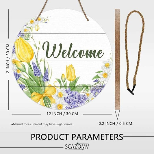 Round Rustic Wood Sign Plaque Welcome Tulip Flower Hand-Painted Vintage Wall Art Cute Wooden Hanging Sign Decor for Home Kitchen Farmhouse Garden Front Door Entryway Porch Yard 12 Inch