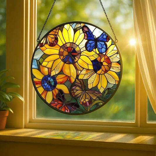 Sunflower and Butterfly Stained Glass Window Hanging Panel – Colorful Floral Suncatcher Wall Art for Home Window Decor and Gift