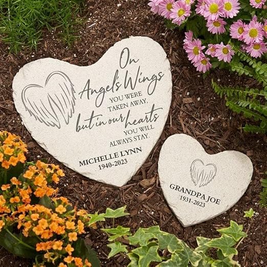 Personalization Universe On Angel's Wings Custom Memorial Heart-Shaped Garden Stone - Weather-Resistant Outdoor Decor with Personalized Text, Name & Dates,Mother's Day & Remembrance - Smalll