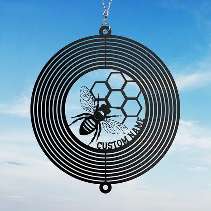 Personalized Bee Metal Wind Spinner, Custom Yard Ornament for Outdoor Spaces, Kinetic Garden Sculpture, Pollinator Lover Gift (Bee Garden Wind Spinner)