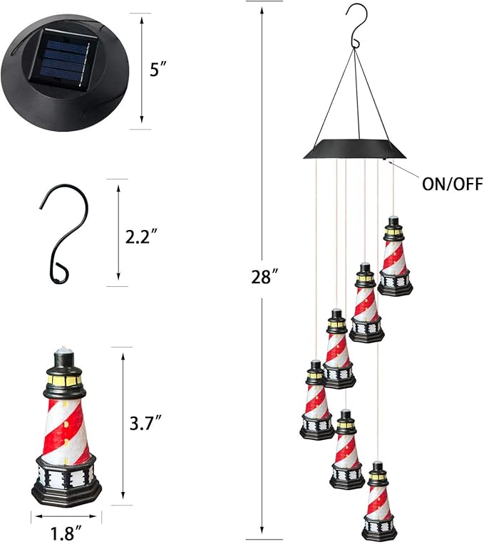 Lighthouse Solar Windchimes Outdoor Lighthouse Decorative Wind Chimes Solar Hanging Lighthouse Outdoor Garden Lighthouse(Red)