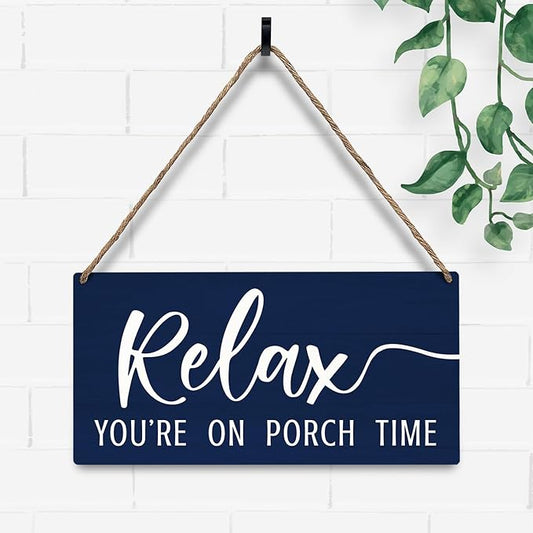 JXREQ Relax Sign, Front Door Sign, Outdoor Porch Wall Decor Wood Hanging Sign for Home Backyard Patio, Relax You're On Porch Time Sign, 12x6 Inch, Navy Blue