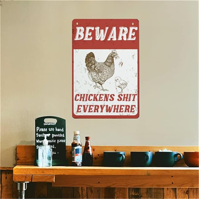 QHOVPA Farm Yard Sign Lawn Sign Metal Sign, Beware Chickens Shit Everywhere Sign for Home Farmhouse or Business Use 8x12 inches Signage
