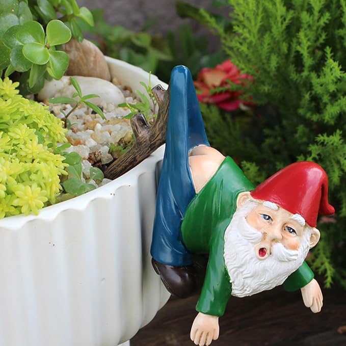 Gnome Figure Plant Pot Hanger, Turtle Flower Pot Hugger, Resin Gnome Statue, Funny Pot Huggers for Planters, Cute Climbing Tortoise Flower Pot Hugger, Garden Fence Balcony Patio Yard (GNOME)