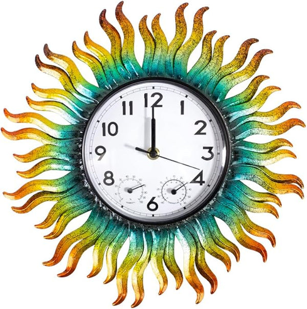 13'' Sun Outdoor Clock, Wall Clock with Thermometer & Humidity Silent No-Ticking Waterproof for Patio, Living Room, Kitchen