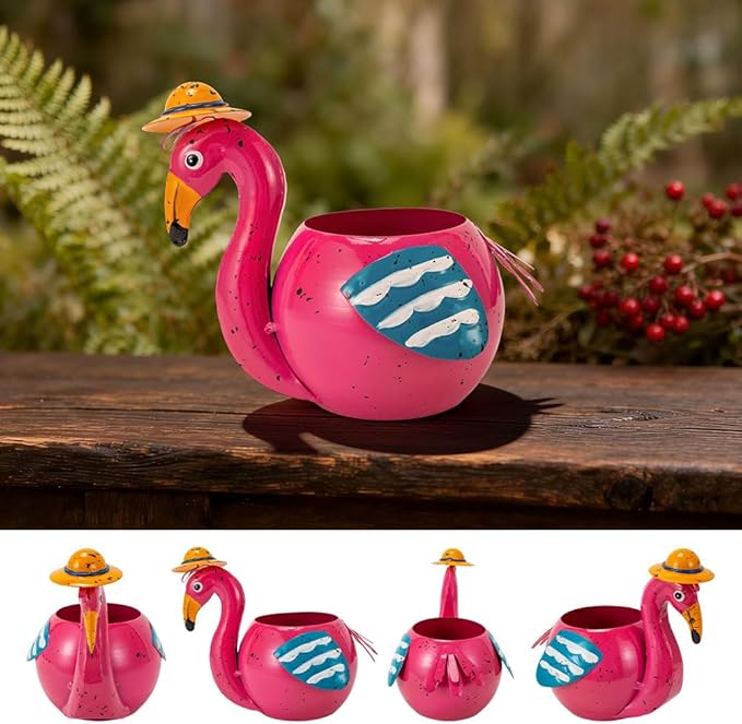 Flamingo Planter Small Succulent Pots Metal Animal Planters, Decorative Flower Pot Indoor Garden Decor Yard Art Statues