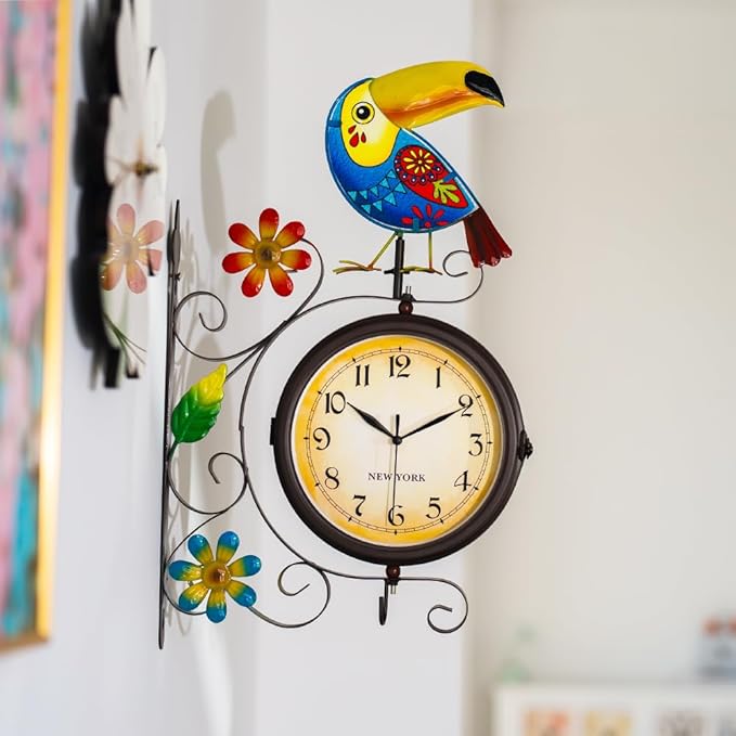 Vintage Indoor Outdoor Clock - Silent Non-Ticking, Double Sided Wall Clock with Toucan Decor Waterproof for Garden, Patio, Yard, Farmhouse, Home Décor (Blue)