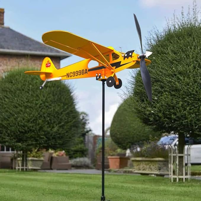 Handmade Piper J3 Cub Airplane Weathervane for Yard Airplane Wind Spinner Metal Windmill Outdoor Sculpture Float Plane Model (Large)
