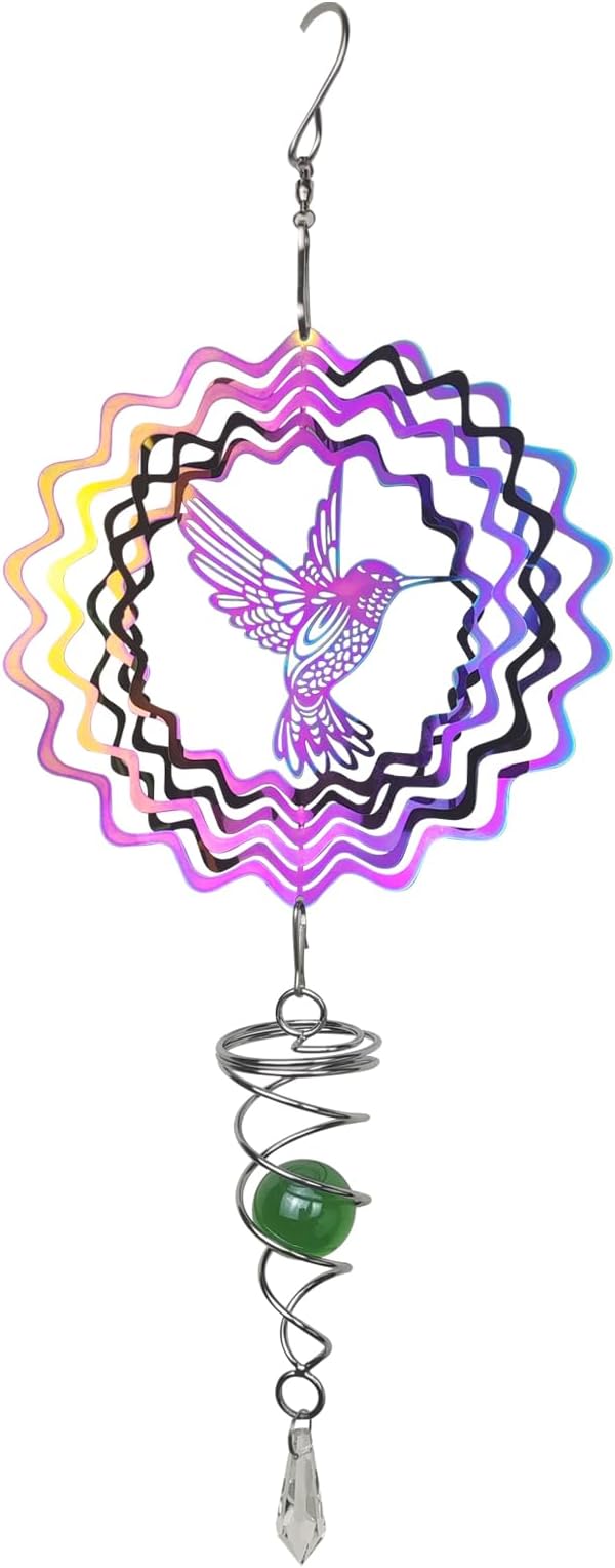 Andiker Hummingbird Wind Spinner with Tail Spinner, 3D Gradient Color Garden Spinner with Ball Spiral Tail, Metal Hanging Wind Chime for Indoor Outdoor Garden Decoration (Colorful Bird)