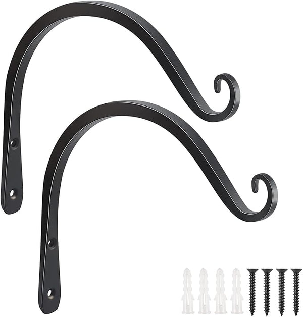 FEED GARDEN Heavy Duty Plant Hooks - 2 Pack 8 Inch Wall Mounted Hanging Brackets, 44lb Capacity Steel Plant Hangers for Bird Feeders, Baskets, Wind Chimes - Black