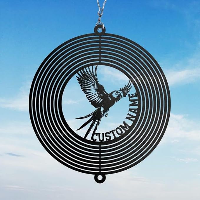 Personalized Parrot Metal Wind Spinner, Custom Hanging Decoration for Outdoor Spaces, Kinetic Bird Ornament, Tropical Gift (Parrot Garden Wind Spinner)