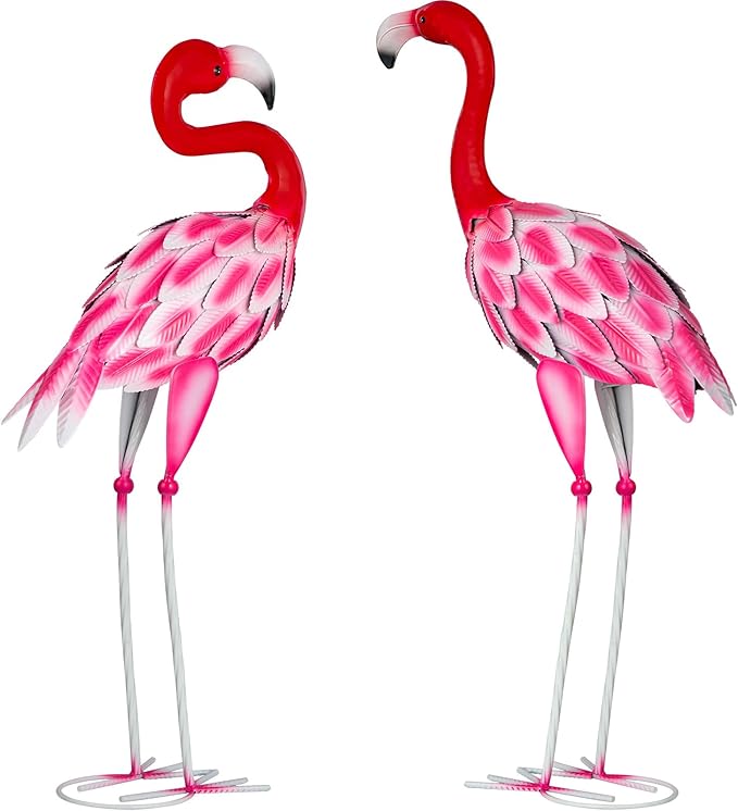 Set of 2 Metal Flamingo Garden Statues, Yard Flamingo Outdoor Decor for Lawn Patio Garden Backyard Display (Pink)