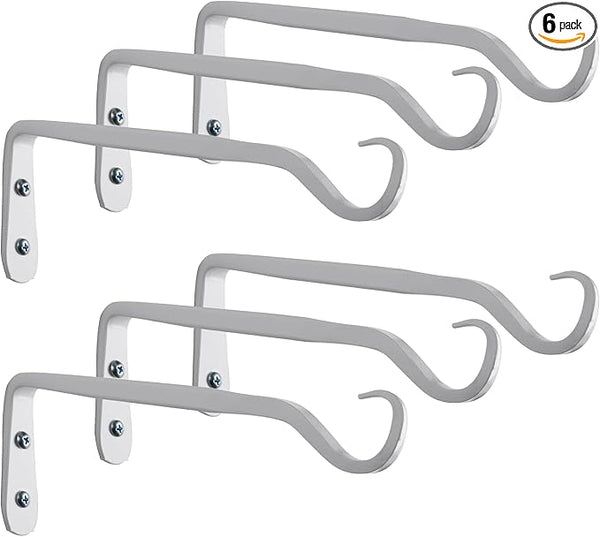 Plant Hanger Bracket, Heavy Duty Wall Hooks, 6-Pack 7.5 Inch White Hanging Hooks, Forged Wrought Iron Powder-Coated Brackets for Outdoor Indoor Plant, Bird Feeder, Flower Pot