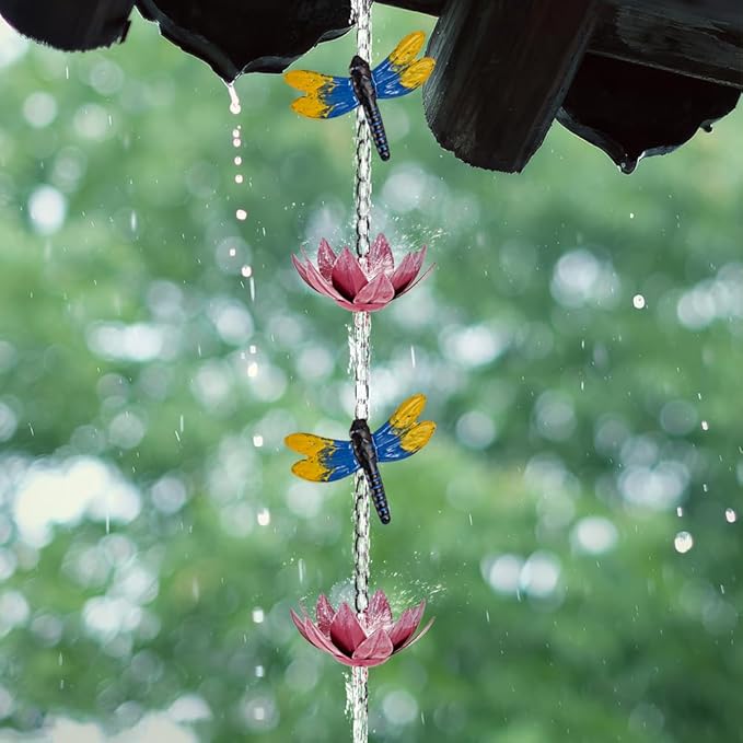 10ft Lotus Rain Chains for Outside, 12-Cup Rain Chain Replacement Downspout for Gutters,Eaves, Drainage, Adjustable Length(Pink)