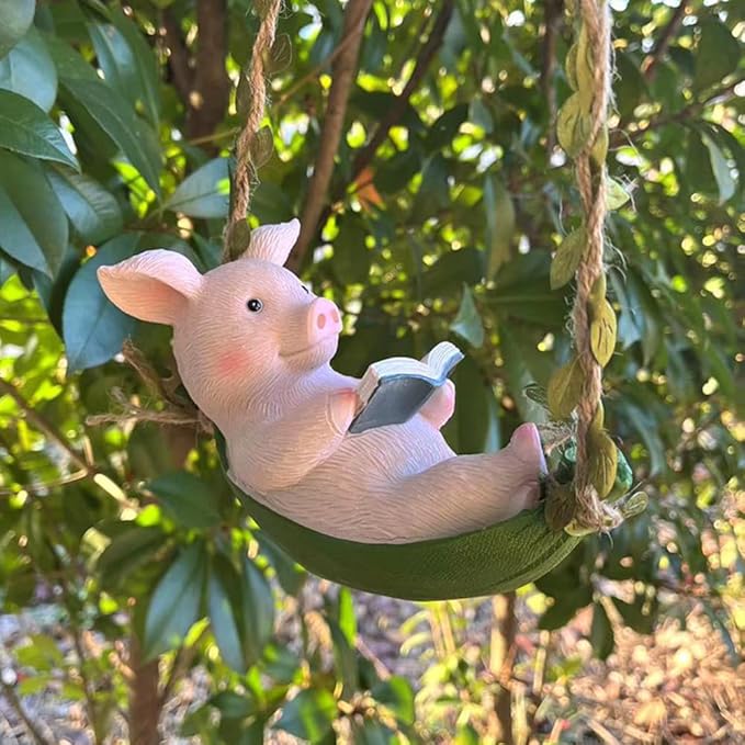 OULIGET Pig Statue Garden Outdoor,Swing Garden Hanging Pig Resin Home Decor,Charmingly Naive Pig Decoration Garden Decor for Patio Yard Lawn Fence Pathway Backyard