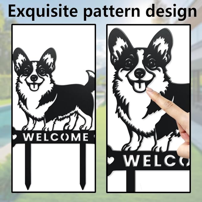 WADORN Dog Metal Decorative Garden Stakes, Funny Welcome Yard Sign Art Decoration Corgi Dog Silhouette Statues Black Garden Decor for Outside Dogs Lover Ornament Gifts for Backyard Patio Lawn Walkways