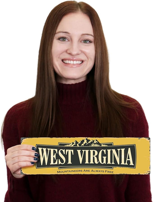 SmartSign 4 x 14 inch West Virginia State Vintage Metal Sign “Mountaineers Are Always Free”, 40 mil Rustproof Aluminum with Clear Overcoat, Retro Wall Décor, Multicolor, Made in USA