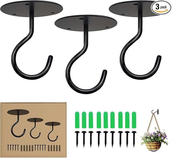Ceiling Hooks for Hanging Plants, Metal Plant Hooks Wall Mount Hangers for Hanging Plants, Bird Feeders, Wind Chimes, Lanterns, Planters - Outdoor Decoration Hooks (3 Pack) (Black)