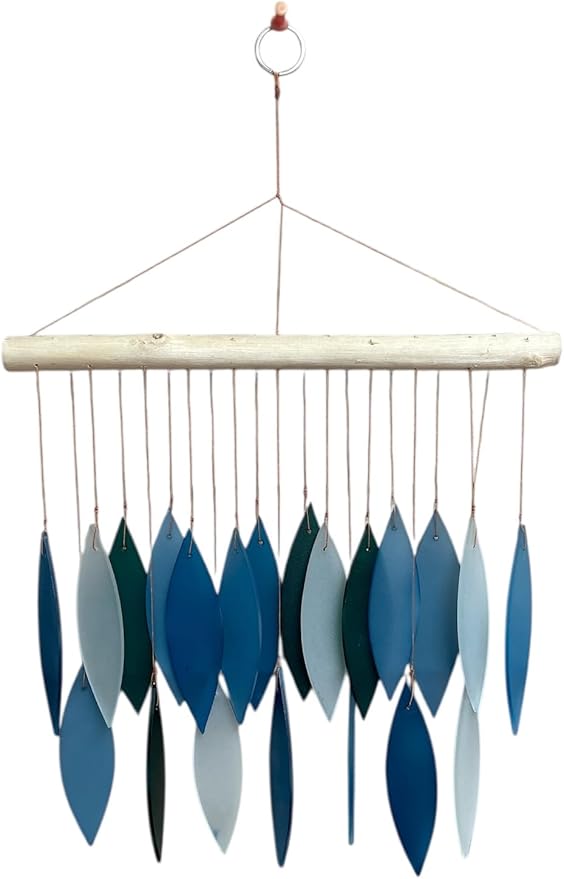 Blue & White Glass Wind Chime, Large 20″ – Recycled Glass & Driftwood Coastal Hanging Chime for Porch, Patio & Home