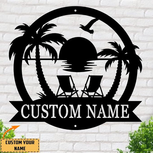 Custom Beach Decor, Beach House Signs, Beach Metal Wall Art, Personalized Name Sign, Nautical Decor, Lake House Decor, Summer Beach House Sign, Beach Signs, Outdoor Sign Sunset Beach