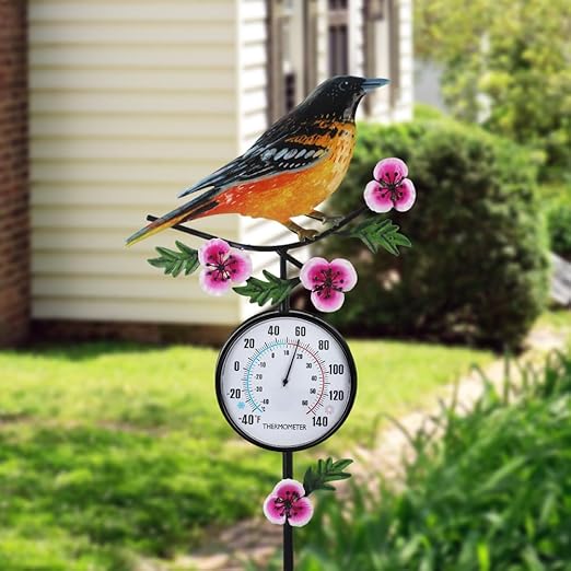 Outdoor Thermometer, 35" Tall No Battery Needed Outside Thermometer with Garden Stake, Hummingbird Wall Thermometer for Yard Patio Decor