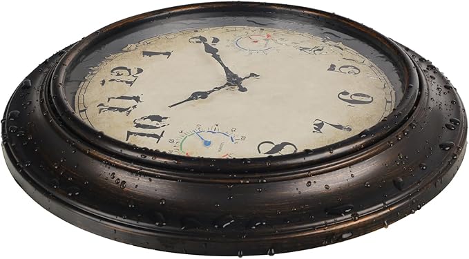 18 Inch Large Outdoor Wall Clock with Thermometer & Hygrometer, Waterproof Retro Bronze Garden Clock for Patio, Pool, Backyard, Farmhouse Decor, Silent Non-Ticking