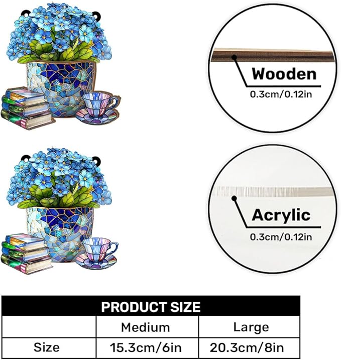 Jesuspirit - Window Hanging Suncatcher โ Crystal Clear Acrylic & Wood Sun Catcher for Home Decor, for Women (Forget-Me-Not, Books, and Tea, 8 Inches)