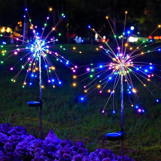 2 Pack Solar Firework Lights Outdoor, Adjustable 32" to 51" Extra Tall, 200 LED Stainless Steel 3-Section Pole, 8 Modes Waterproof Starburst Garden Lights for Yard Pathway Walkway Decor