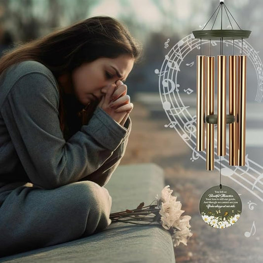Personalized Sympathy Wind Chimes, Daisy Butterfly Memorial Wind Chimes, in Memory for Loss of Loved Mom/Grandma, Memorial Gifts Wind Chime Deep Tone Outdoor (Produced in USA)