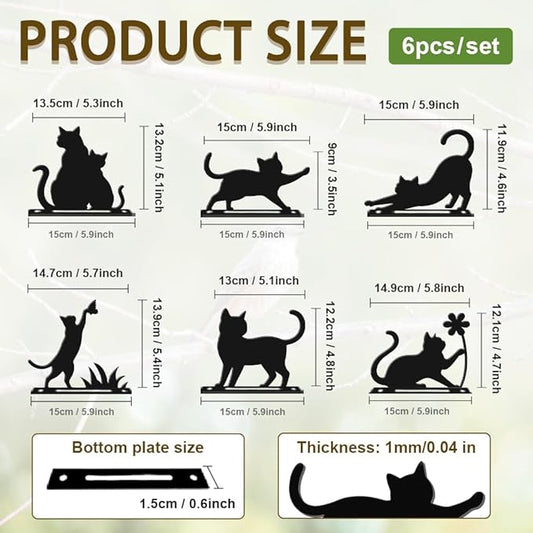 6 Pcs Black Cats Fence Decor, Outdoor Garden Metal Kitty Silhouette Decoration, Metal Art Ornament for Yard, Double-Side Design