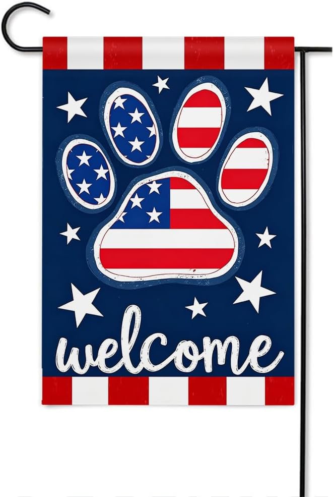 Gkyygk Welcome Paw Patriotic Red Blue Welcome Garden Flag 12x18 Inch Double Sided Small Burlap Banners Yard House Decor for Men Women