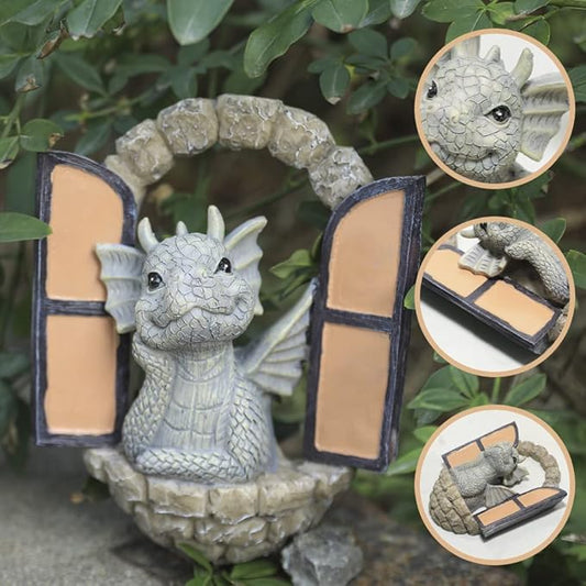 SHOWFEICAT Dragon Garden Ornament Resin Craft Ornament Statue Fairy Door Yard Art Outdoor and Garden Solar Light Luminous Sand Open Door Dragon Wall Statue Outdoors Decor (Eye to Eye)
