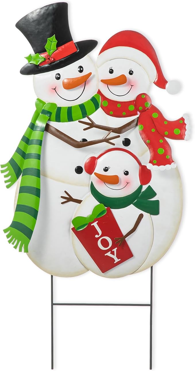 Glitzhome 30" H Metal Christmas Snowman Family Yard Sign with Stake, Xmas Decorative Standing Wall Hanging Decoration for Garden Home Lawn Pathway Walkway