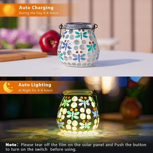 Stargarden 2 Pack Mosaic Solar Lanterns Outdoor Waterproof, Dragonfly Hanging Lantern Decorative Glass Solar Lights for Yard, Patio, Lawn, Gaden Decor